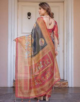 Ethnic handloom cotton printed saree with floral pattern & blouse piece 3