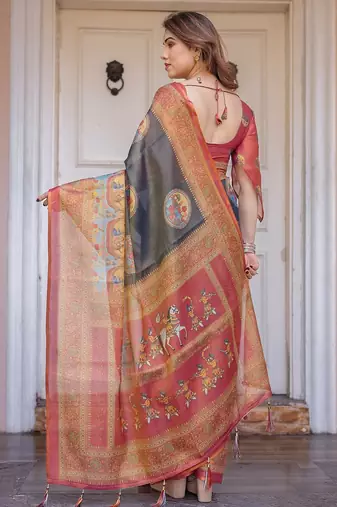 Ethnic handloom cotton printed saree with floral pattern & blouse piece