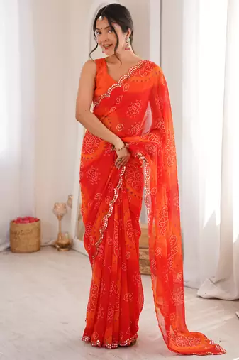 Heavy georgette bandhani keri print saree with mirror work & cutwork border