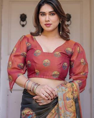 Ethnic handloom cotton printed saree with floral pattern & blouse piece 5