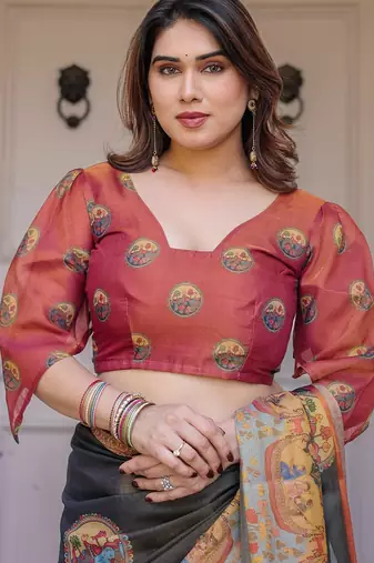 Ethnic handloom cotton printed saree with floral pattern & blouse piece