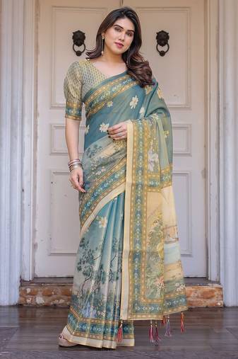 Classic handloom cotton floral design saree for women with blouse
