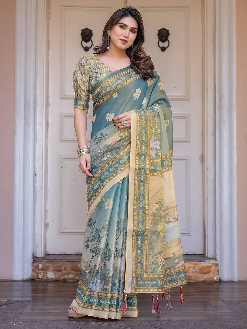 Classic handloom cotton floral design saree for women with blouse
