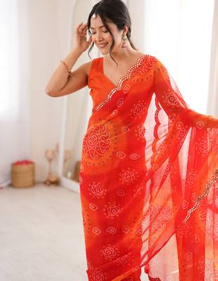  georgette bandhani keri print saree with mirror work & cutwork border 2