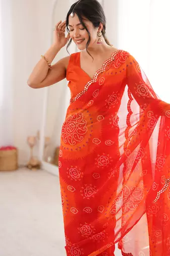  georgette bandhani keri print saree with mirror work & cutwork border
