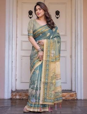 Classic handloom cotton floral design saree for women with blouse 2