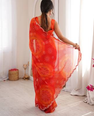  georgette bandhani keri print saree with mirror work & cutwork border 3