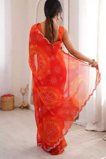  georgette bandhani keri print saree with mirror work & cutwork border