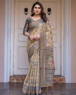 Designer handloom cotton floral print saree with attached blouse fabric 1
