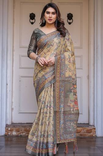 Designer handloom cotton floral print saree with attached blouse fabric