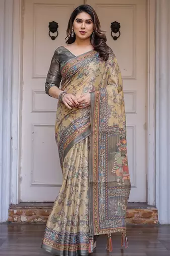 Designer handloom cotton floral print saree with attached blouse fabric