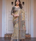 Designer handloom cotton floral print saree with attached blouse fabric