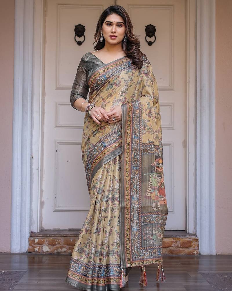 Designer handloom cotton floral print saree with attached blouse fabric