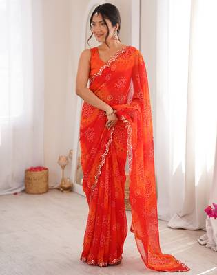  georgette bandhani keri print saree with mirror work & cutwork border 4