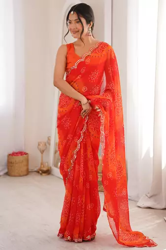  georgette bandhani keri print saree with mirror work & cutwork border