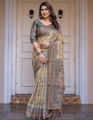 Designer handloom cotton floral print saree with attached blouse fabric 2