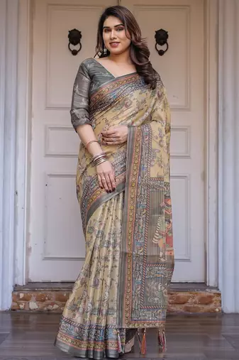 Designer handloom cotton floral print saree with attached blouse fabric