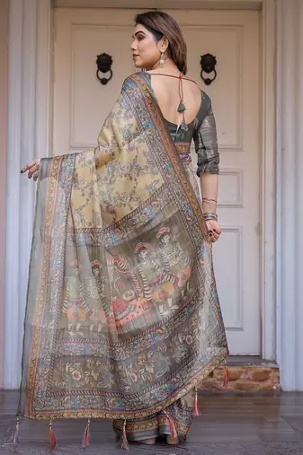 Designer handloom cotton floral print saree with attached blouse fabric