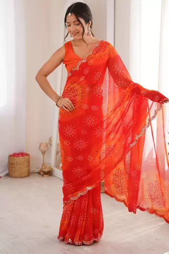  georgette bandhani keri print saree with mirror work & cutwork border