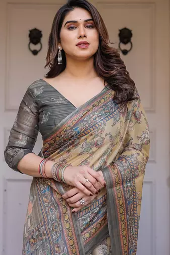 Designer handloom cotton floral print saree with attached blouse fabric