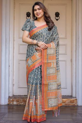 Soft handloom cotton floral printed saree with 5.5m saree & blouse piece