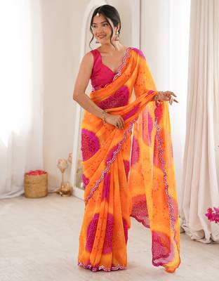  georgette bandhani keri print saree with mirror work & cutwork border 1