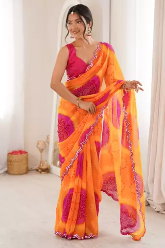 Heavy georgette bandhani keri print saree with mirror work & cutwork border