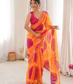 Heavy georgette bandhani keri print saree with mirror work & cutwork border