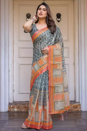 Soft handloom cotton floral printed saree with 5.5m saree & blouse piece