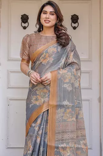 Traditional handloom cotton floral print saree for women with blouse