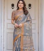 Traditional handloom cotton floral print saree for women with blouse