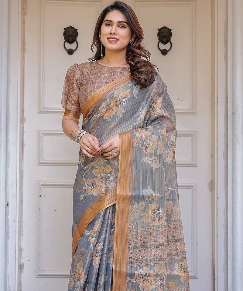Traditional handloom cotton floral print saree for women with blouse