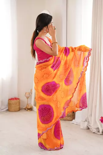  georgette bandhani keri print saree with mirror work & cutwork border