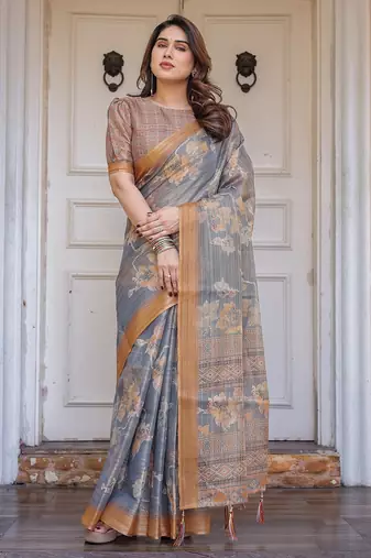 Traditional handloom cotton floral print saree for women with blouse