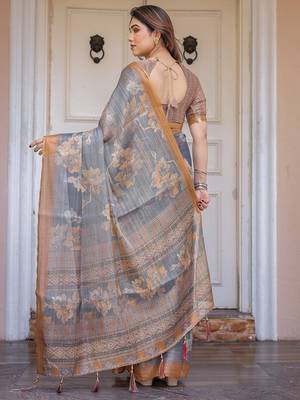 Traditional handloom cotton floral print saree for women with blouse 3