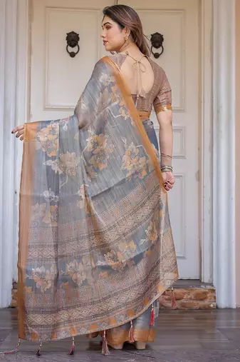 Traditional handloom cotton floral print saree for women with blouse