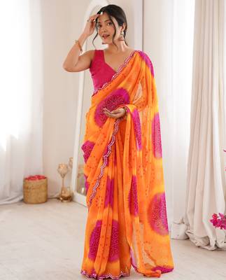  georgette bandhani keri print saree with mirror work & cutwork border 4