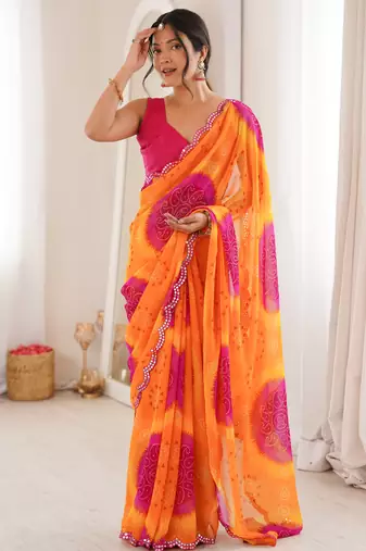  georgette bandhani keri print saree with mirror work & cutwork border