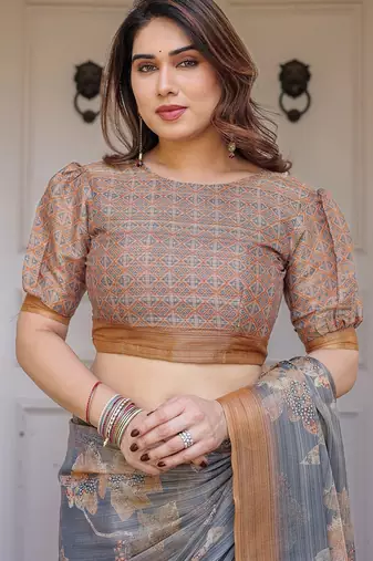 Traditional handloom cotton floral print saree for women with blouse