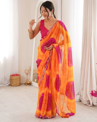  georgette bandhani keri print saree with mirror work & cutwork border 5