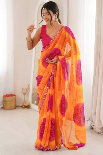  georgette bandhani keri print saree with mirror work & cutwork border