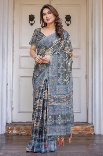 Elegant handloom cotton printed saree with floral design & blouse piece