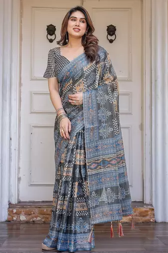 Elegant handloom cotton printed saree with floral design & blouse piece