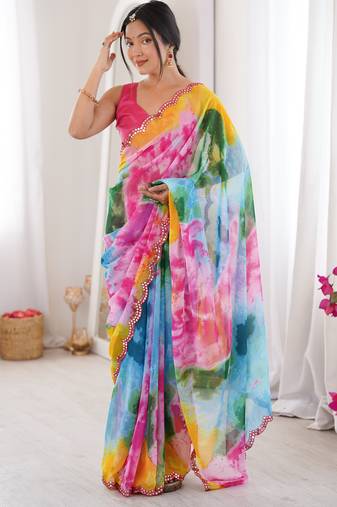 Heavy georgette multi colour sibori print saree with mirror work & cutwork border