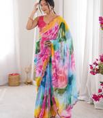 Heavy georgette multi colour sibori print saree with mirror work & cutwork border