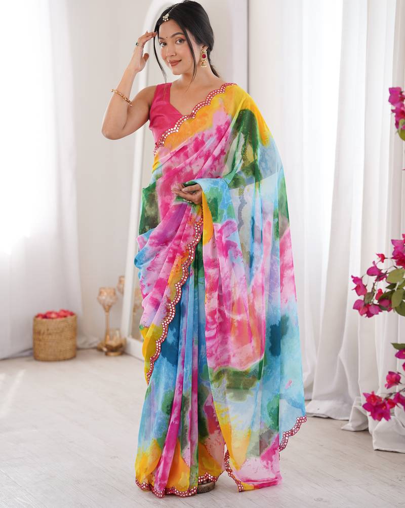 Heavy georgette multi colour sibori print saree with mirror work & cutwork border