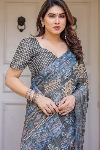Elegant handloom cotton printed saree with floral design & blouse piece