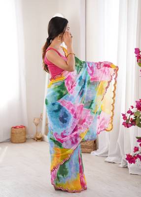  georgette multi colour sibori print saree with mirror work & cutwork border 2