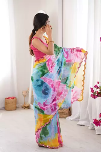  georgette multi colour sibori print saree with mirror work & cutwork border