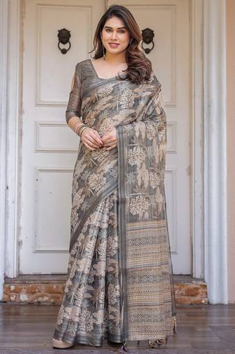 Women's handloom cotton floral print saree with attached blouse piece